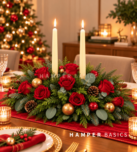 Christmas table centrepiece with red roses, festive foliages and ornaments