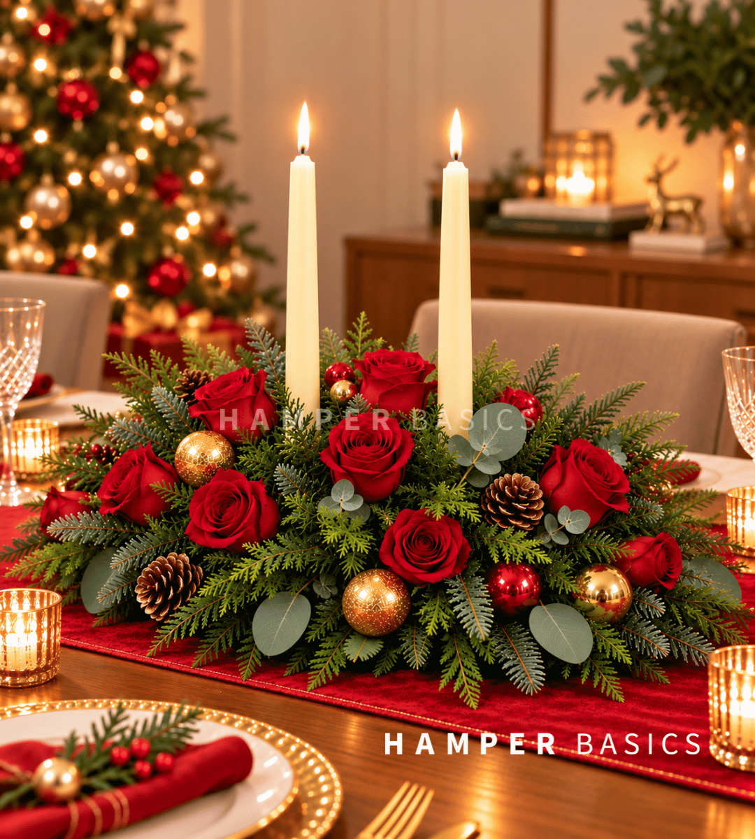 Christmas table centrepiece with red roses, festive foliages and ornaments