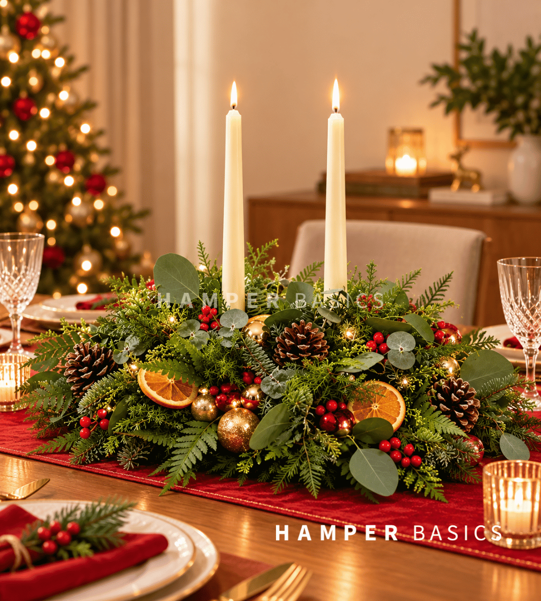 Christmas table centrepiece with Christmas flowers, foliages and decoratives