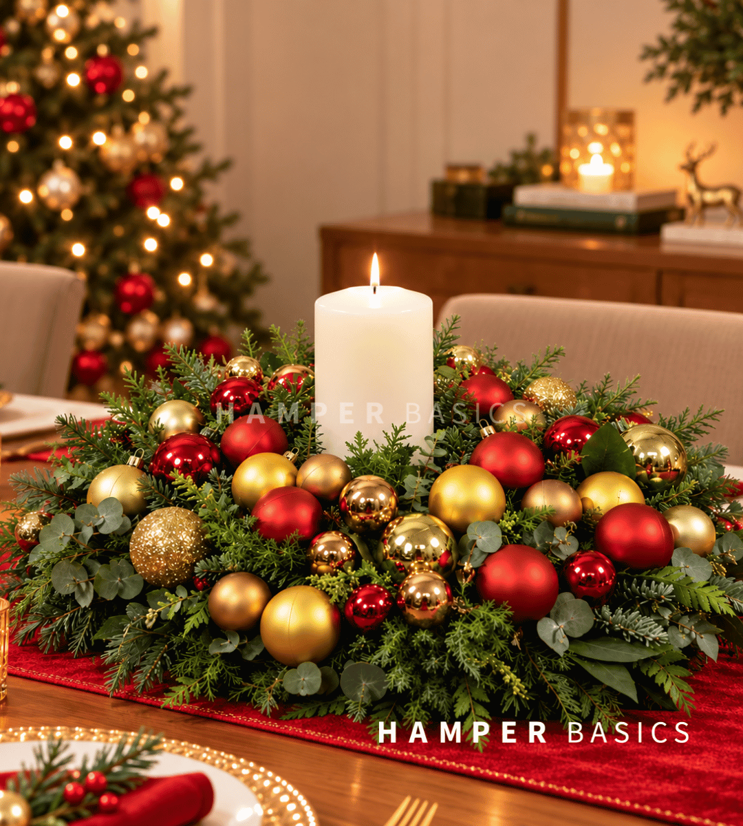 Christmas table centrepiece with Christmas ornaments and festive foliages