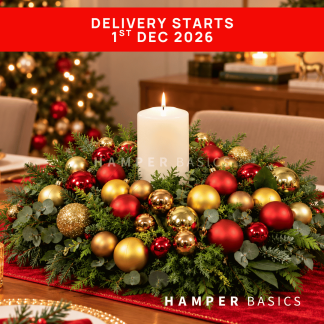 Christmas table centrepiece with Christmas ornaments and festive foliages