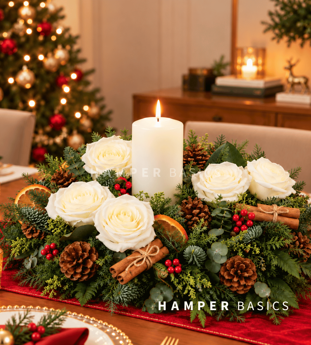 Christmas table centrepiece with white roses, dried orange slices, pine cones, cinnamon sticks, fillers, foliages and candle