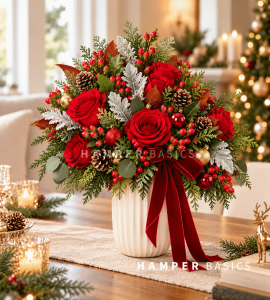 Christmas flower vase arrangement with red roses and festive fillers and foliages