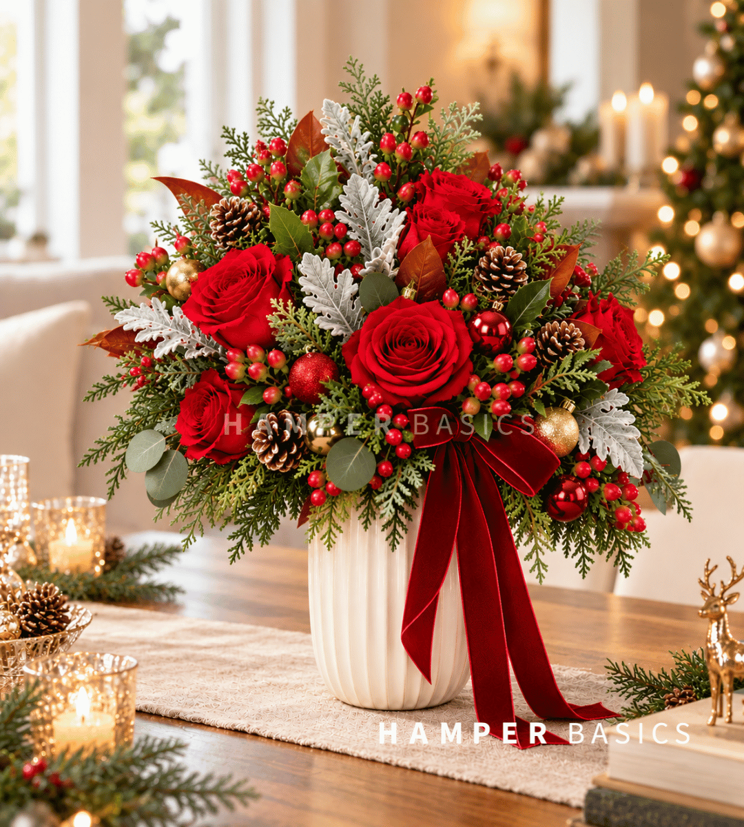 Christmas flower vase arrangement with red roses and festive fillers and foliages