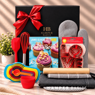 Baking gift hamper with Jamie Oliver's cake book, colourful measuring cups and spoons, baking utensils, cookie cutters, a rolling pin, oven mitts and other handy baking essentials