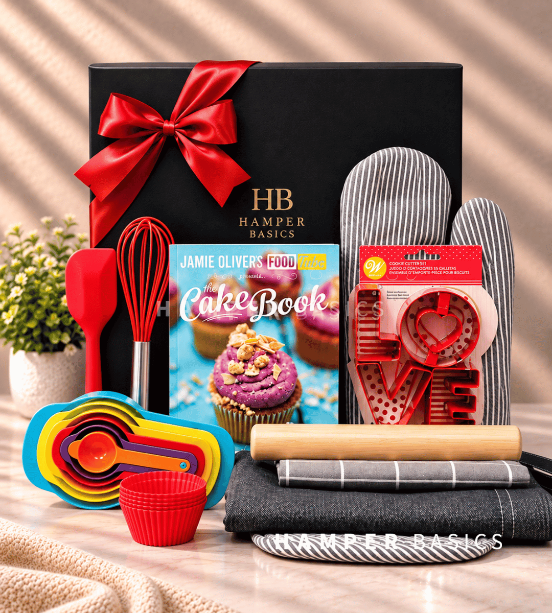Baking gift hamper with Jamie Oliver's cake book, colourful measuring cups and spoons, baking utensils, cookie cutters, a rolling pin, oven mitts and other handy baking essentials