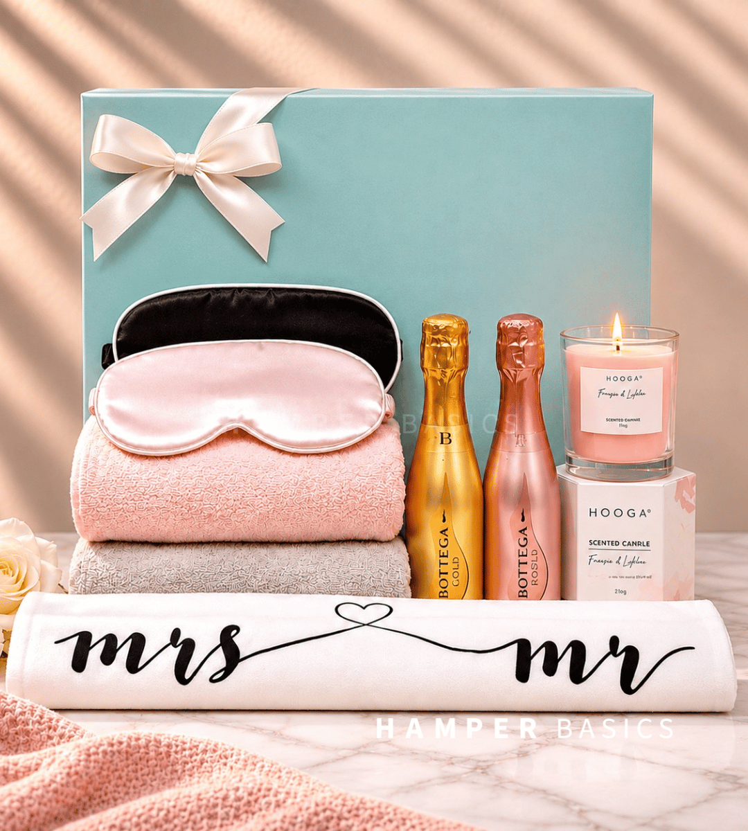 Newlywed gift with soft towels, his-and-hers satin sleep masks, scented candle, Bottega Gold and Rosé Gold sparkling wines and a Mr & Mrs keepsake