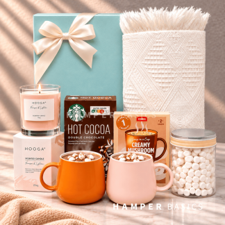Relaxation gift hamper with Nordic throw, Starbucks Double Chocolate Hot Cocoa, mushroom soup, scented candle, mugs and marshmallows
