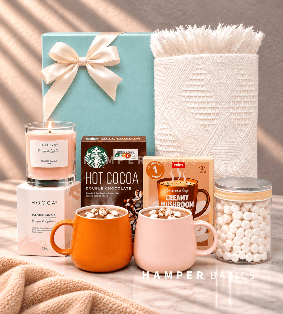 Relaxation gift hamper with Nordic throw, Starbucks Double Chocolate Hot Cocoa, mushroom soup, scented candle, mugs and marshmallows