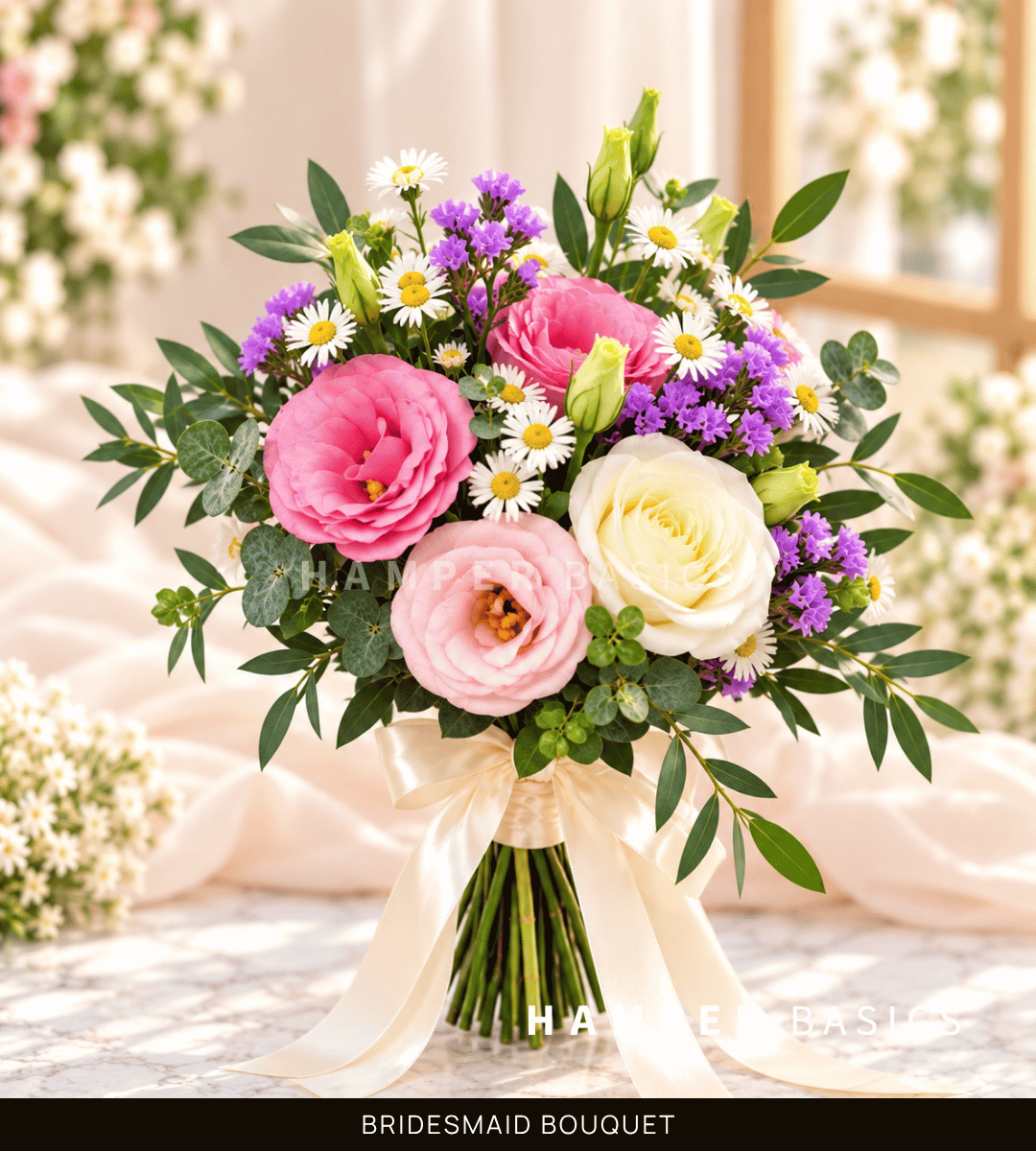 Bridesmaid bouquet in wild and free-spirited arrangement