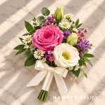 Groom boutonniere with white and pink lisianthus plus colourful fillers