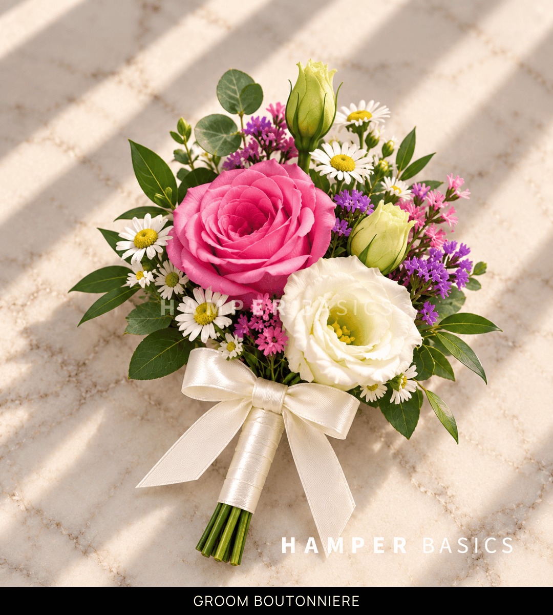 Groom boutonniere with white and pink lisianthus plus colourful fillers