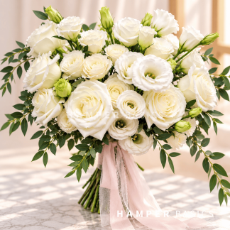 White bridal bouquet with white roses and lisianthus