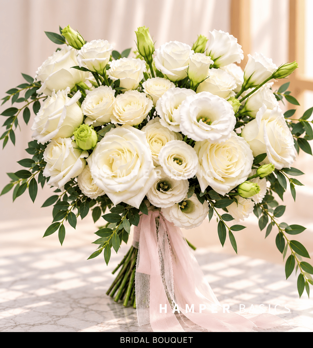 White bridal bouquet with white roses and lisianthus