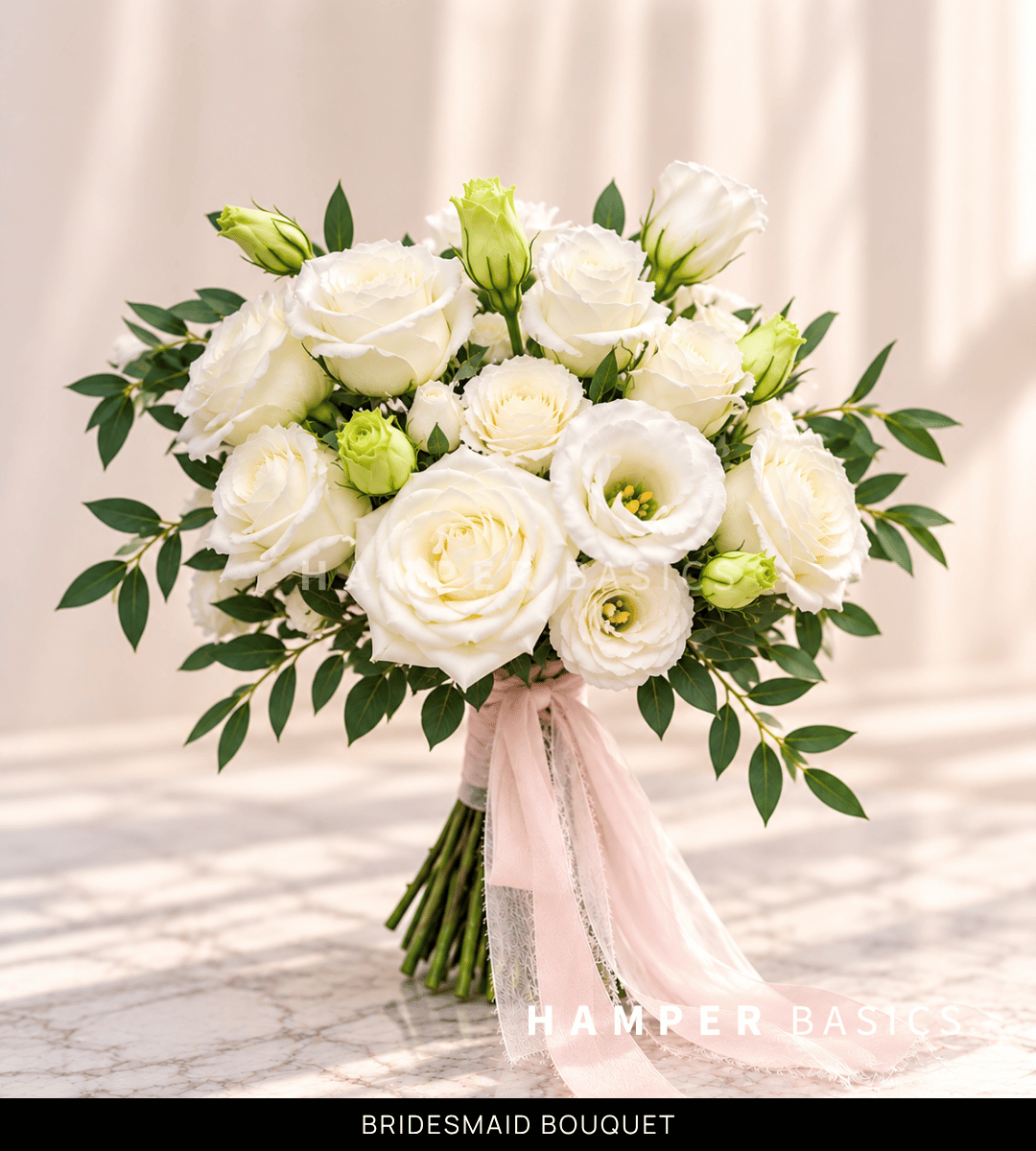 White bridesmaid bouquet with white roses and lisianthus
