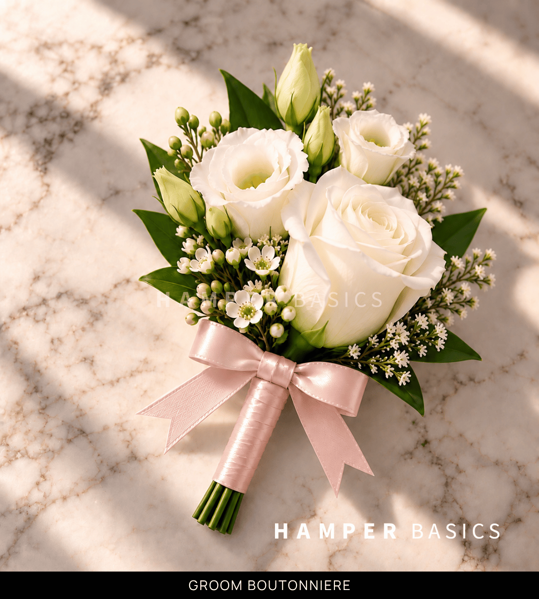 Groom boutonniere with white rose and lisianthus