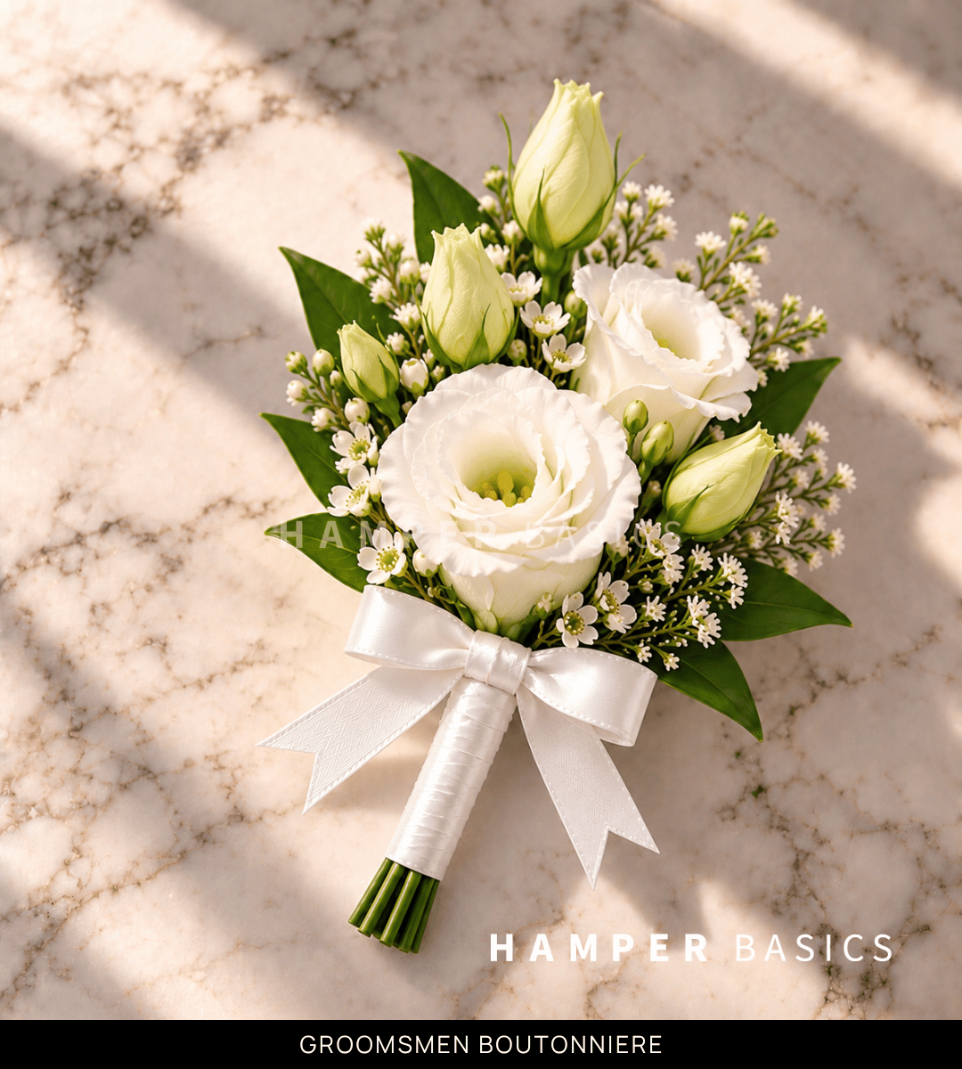 Groomsmen boutonniere with white lisianthus