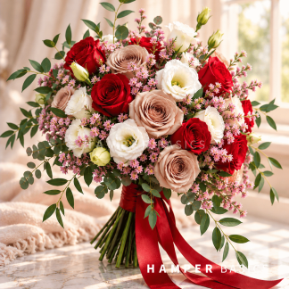 Bridal bouquet Singapore with red and cappuccino roses