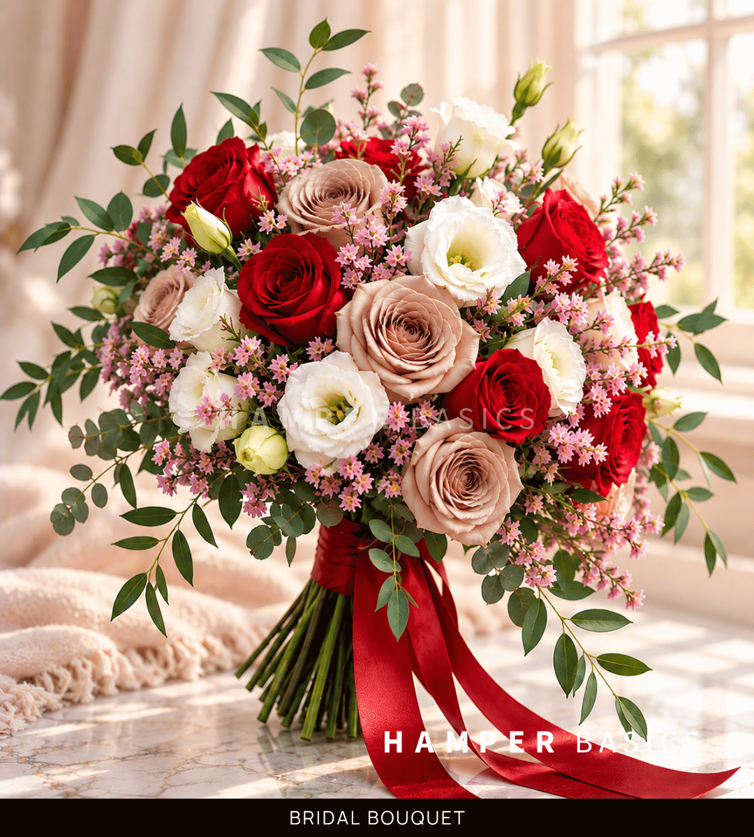 Bridal bouquet Singapore with red and cappuccino roses