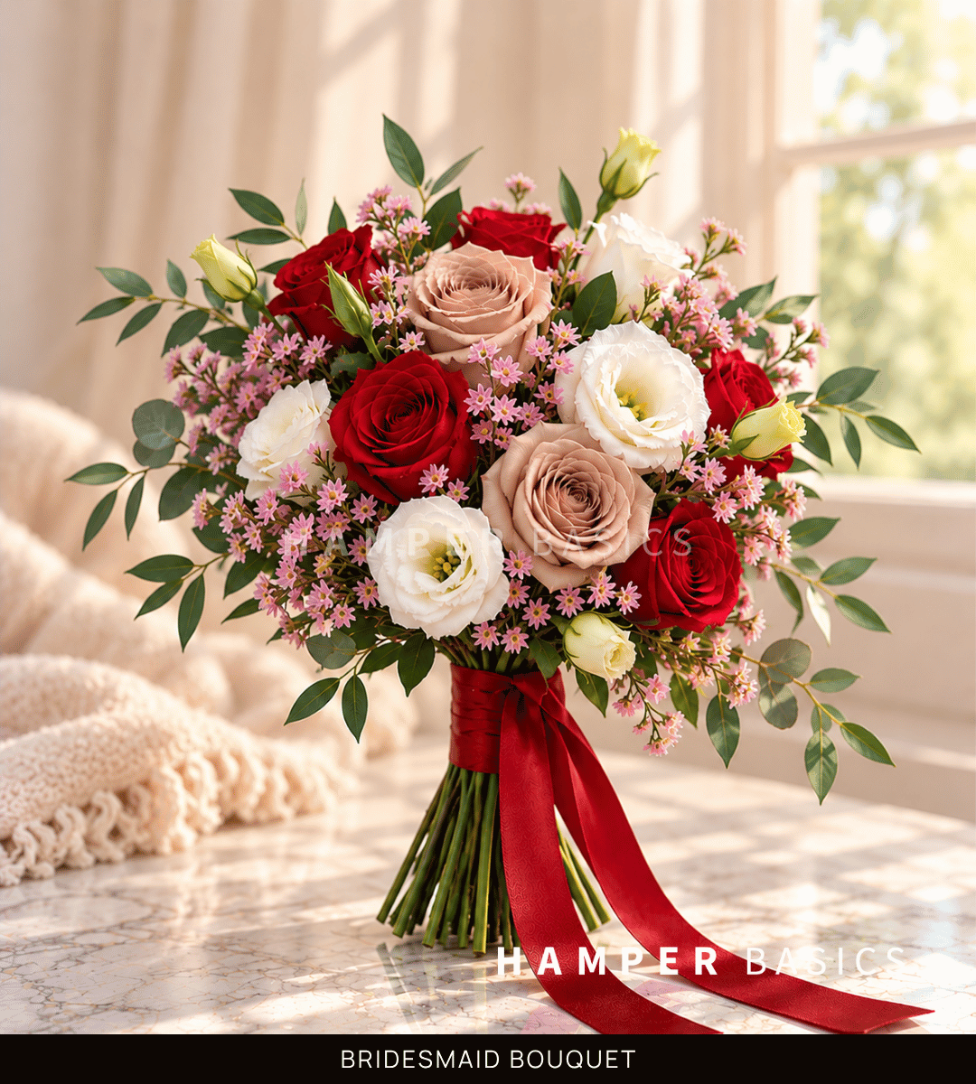 Bridesmaid bouquet Singapore with red and cappuccino roses