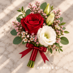 Groom boutonniere with red rose and white lisianthus