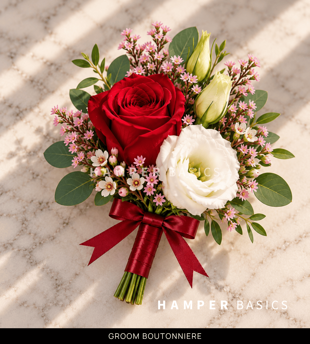 Groom boutonniere with red rose and white lisianthus