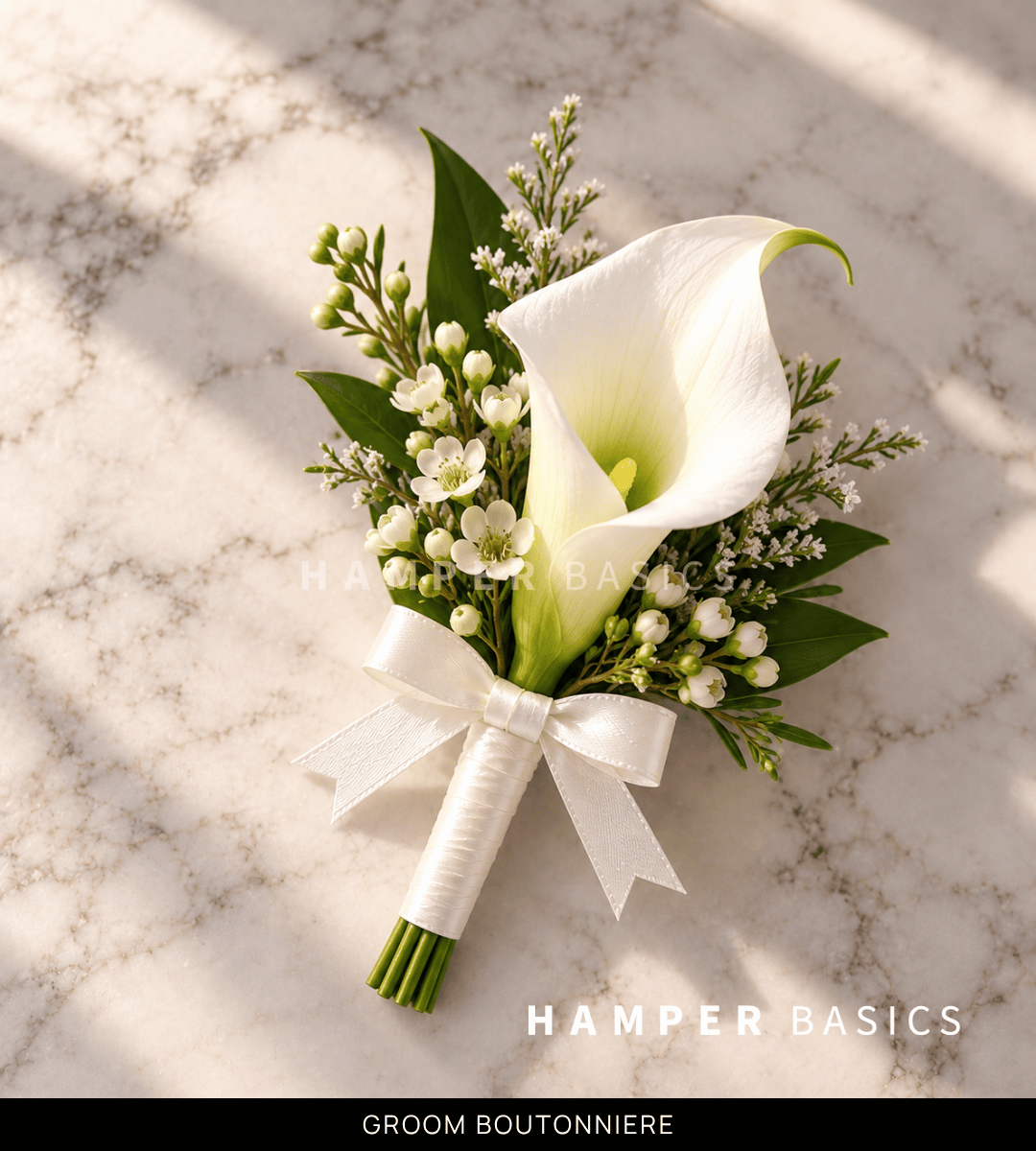 Groom boutonniere with white Calla Lily