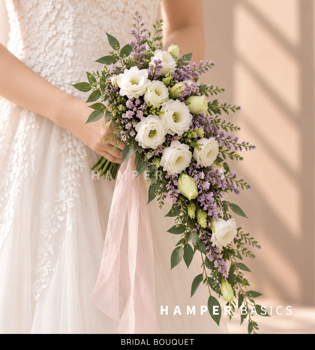 Cascading bridal bouquet with white lisianthus and purple caspia