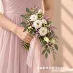 Cascading bridesmaid bouquet with white lisianthus and purple caspia