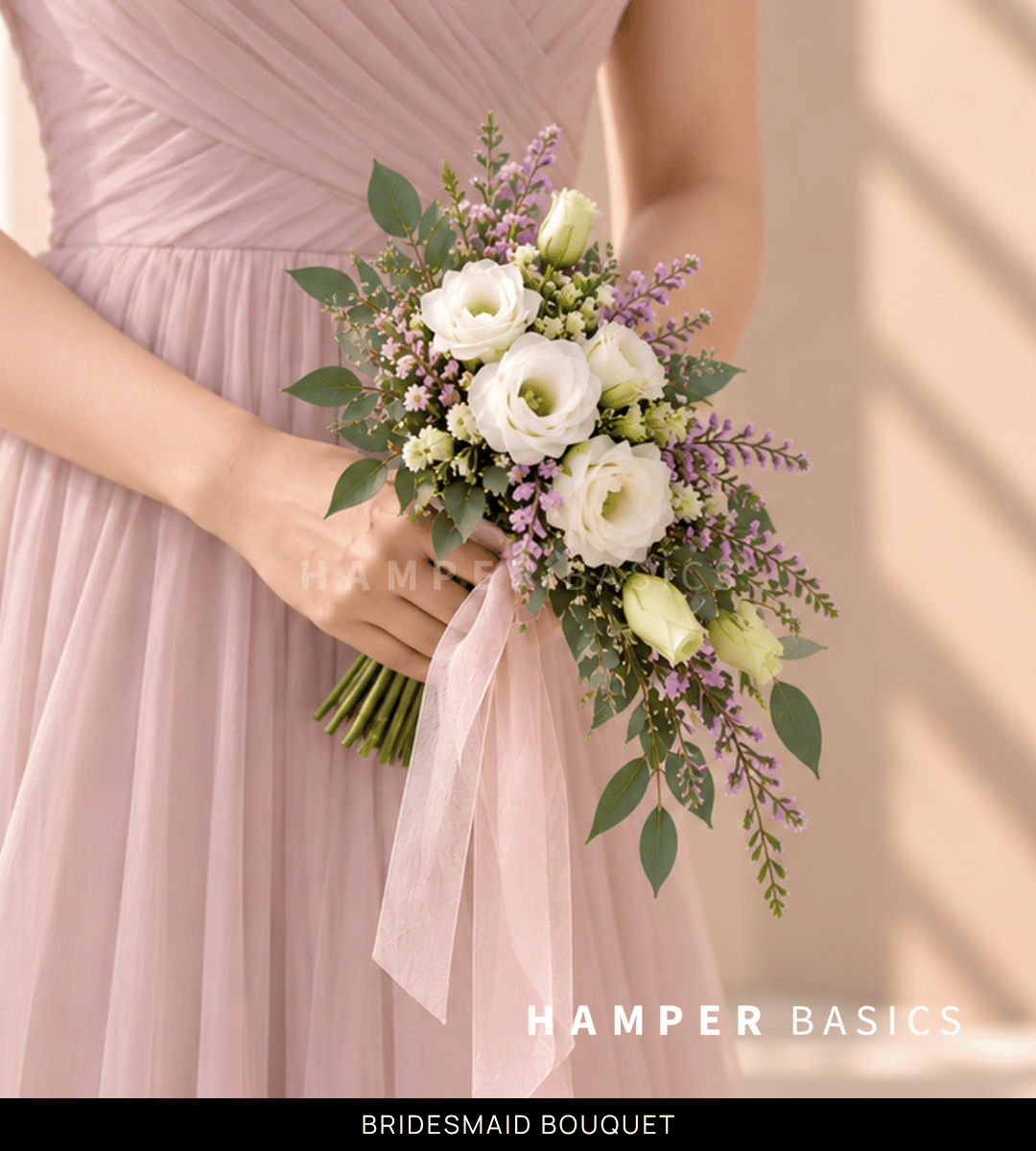 Cascading bridesmaid bouquet with white lisianthus and purple caspia