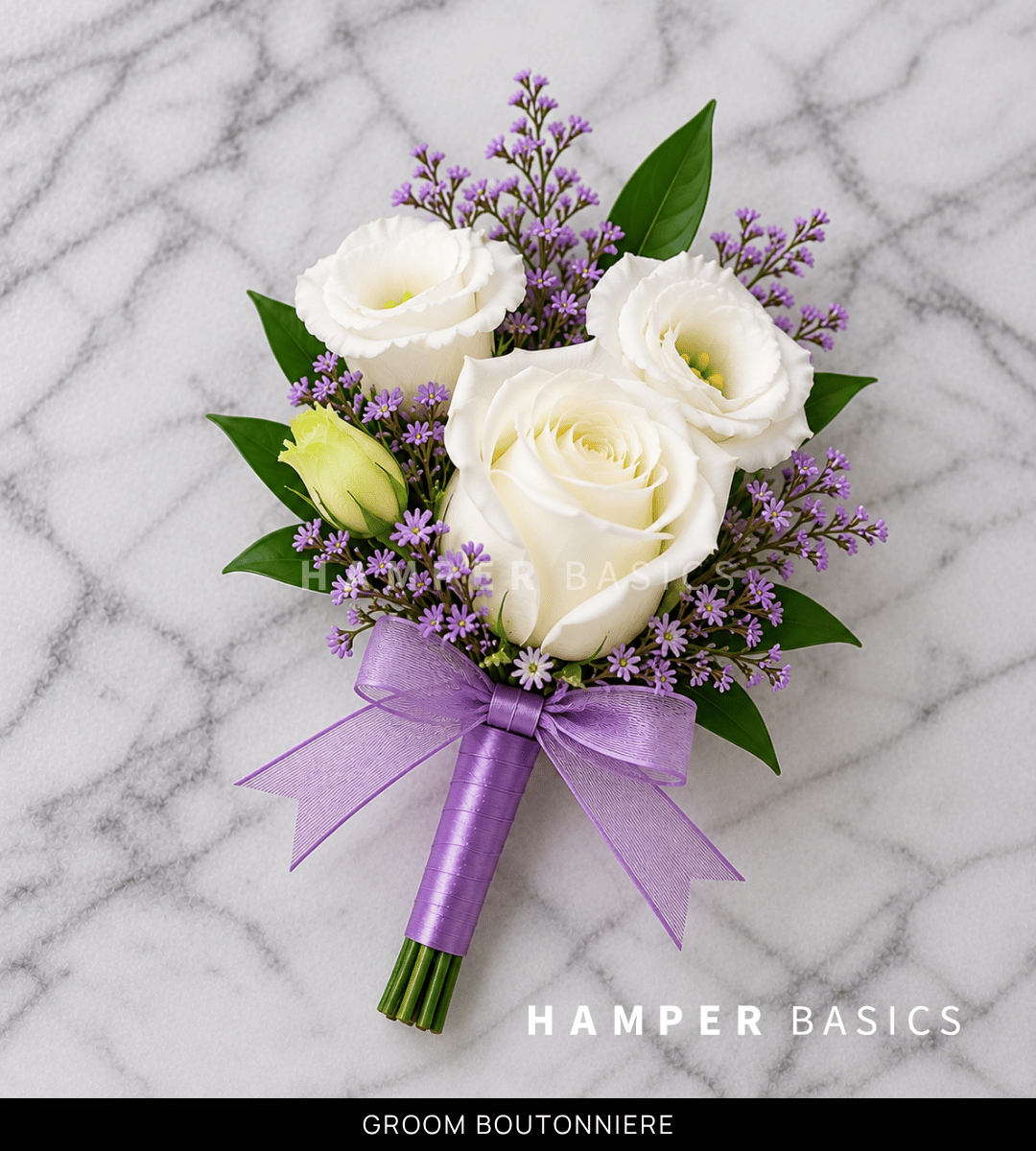 Groom boutonniere with white rose and white lisianthus
