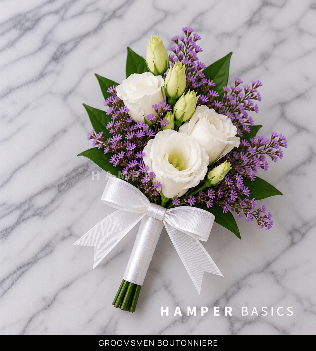 Groomsmen boutonniere with white lisianthus