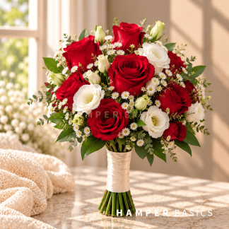 Round bridal bouquet with red roses and white lisianthus