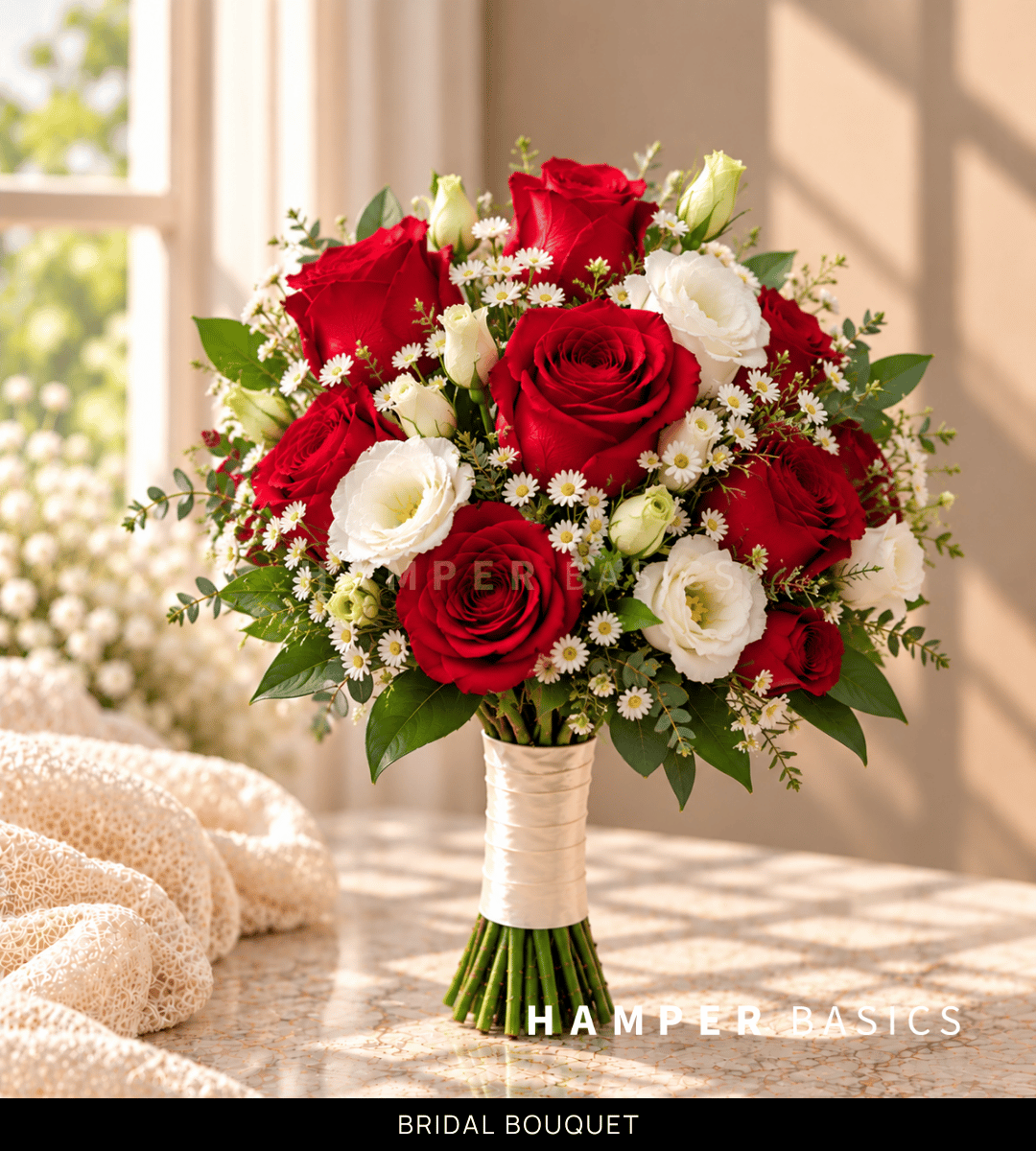 Round bridal bouquet with red roses and white lisianthus