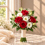 Round bridesmaid bouquet with red roses and white lisianthus
