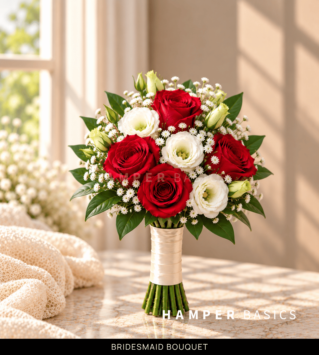 Round bridesmaid bouquet with red roses and white lisianthus