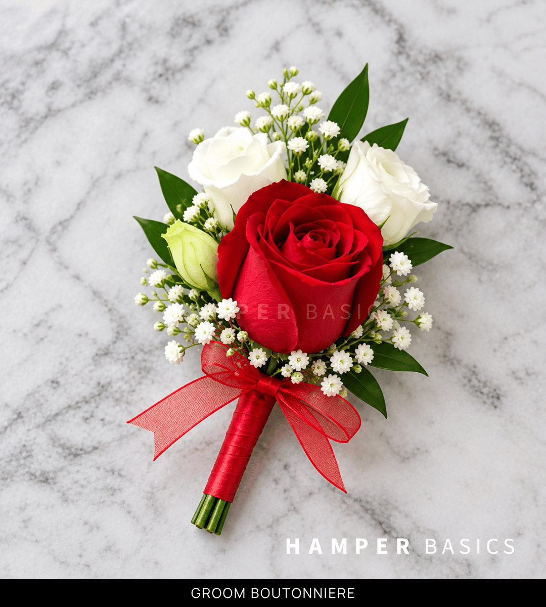 Groom boutonniere with red rose and white lisianthus