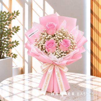 Pink rose bouquet with 3 pink roses with baby's breath