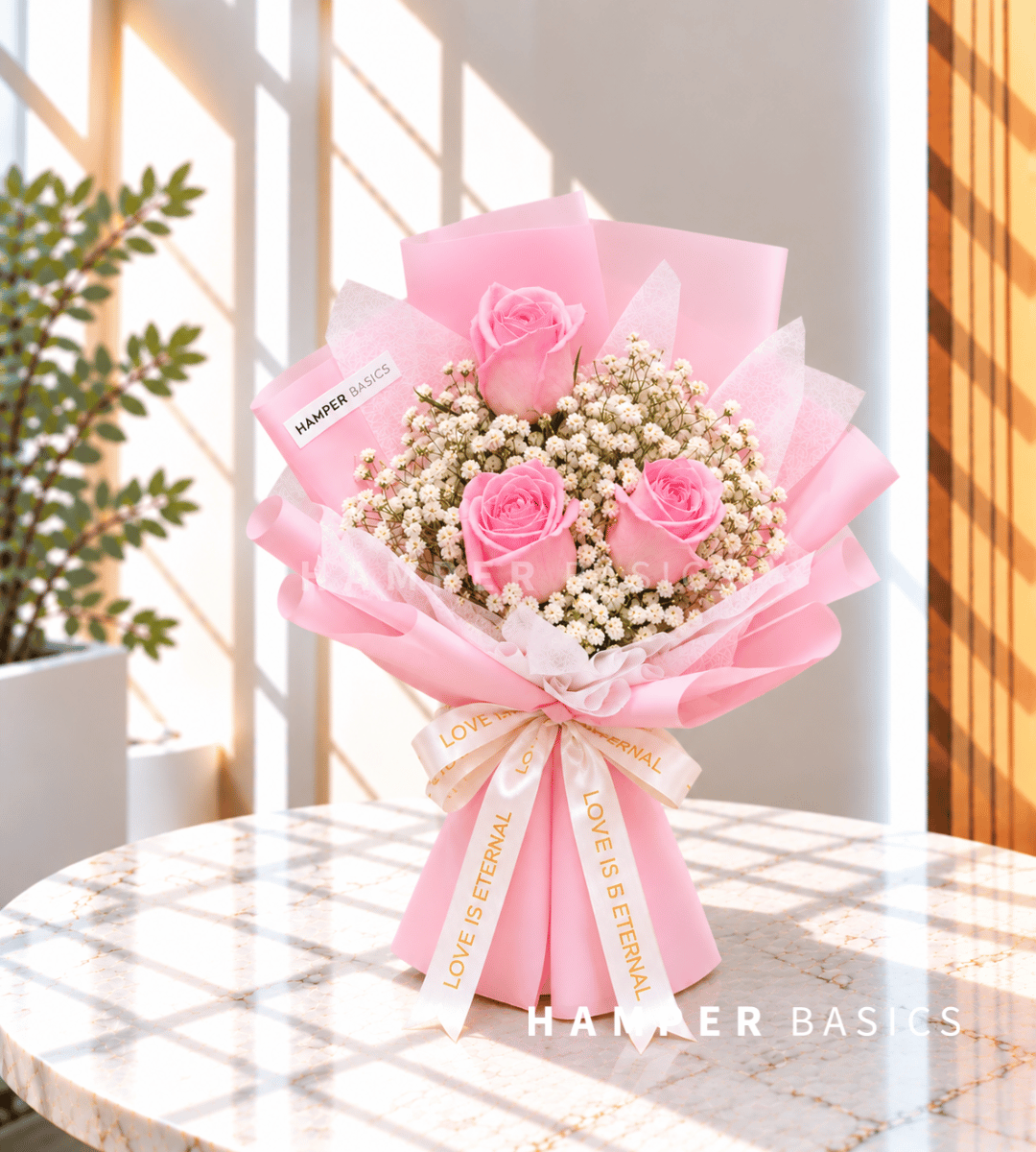 Pink rose bouquet with 3 pink roses with baby's breath