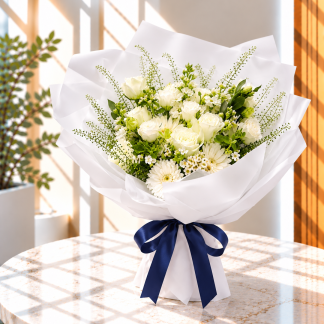 Condolence bouquet with white roses, gerberas, lisianthus, fillers and foliages.