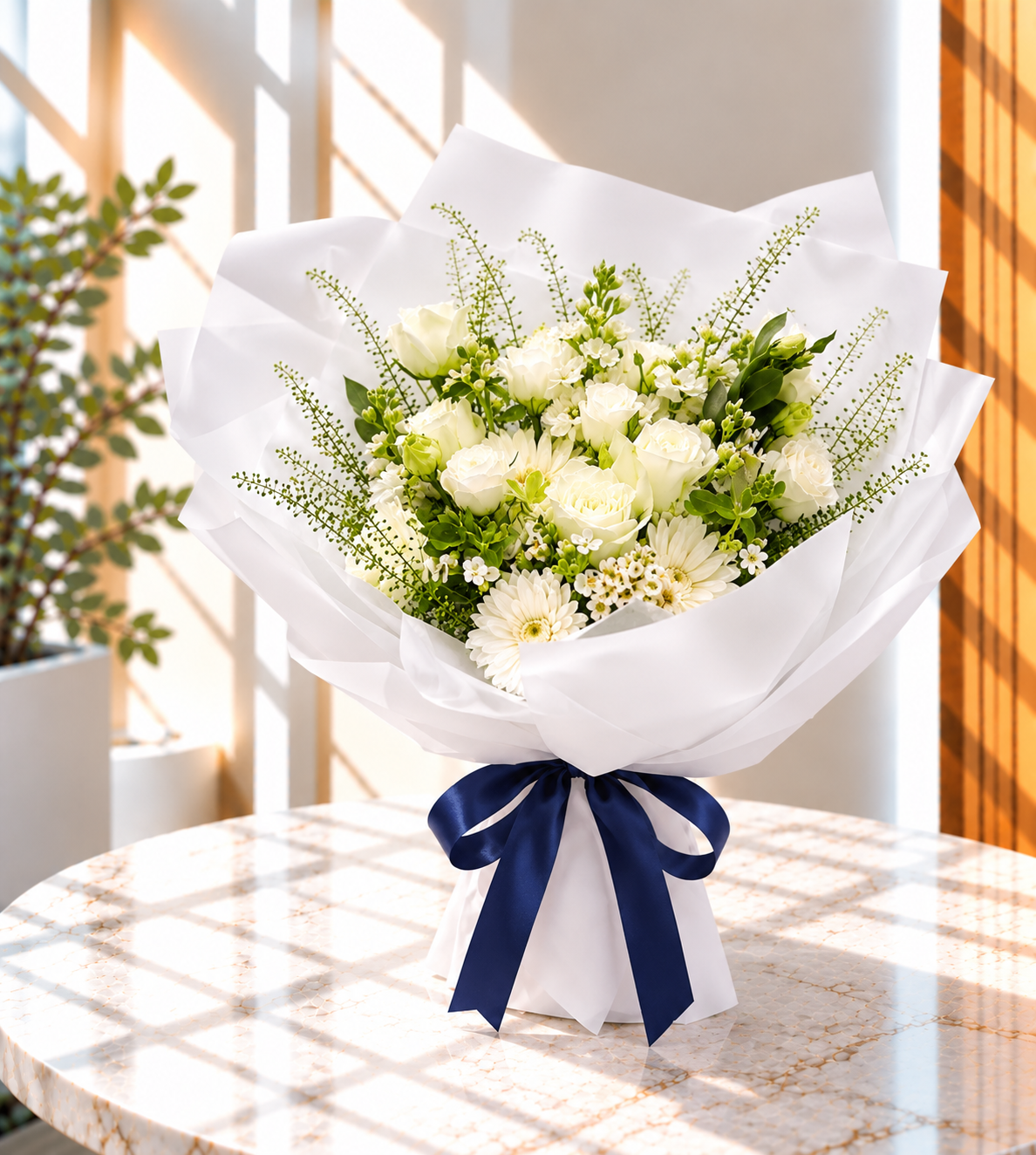 Condolence bouquet with white roses, gerberas, lisianthus, fillers and foliages.