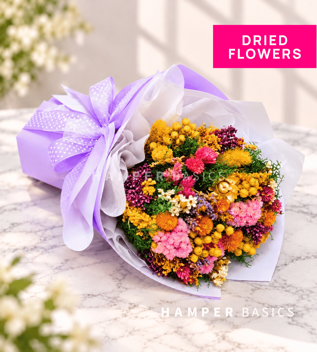 Dried flower bouquet in purple theme