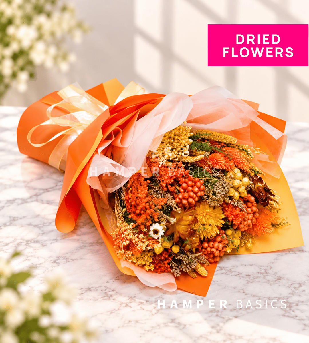 Dried flower bouquet in orange theme