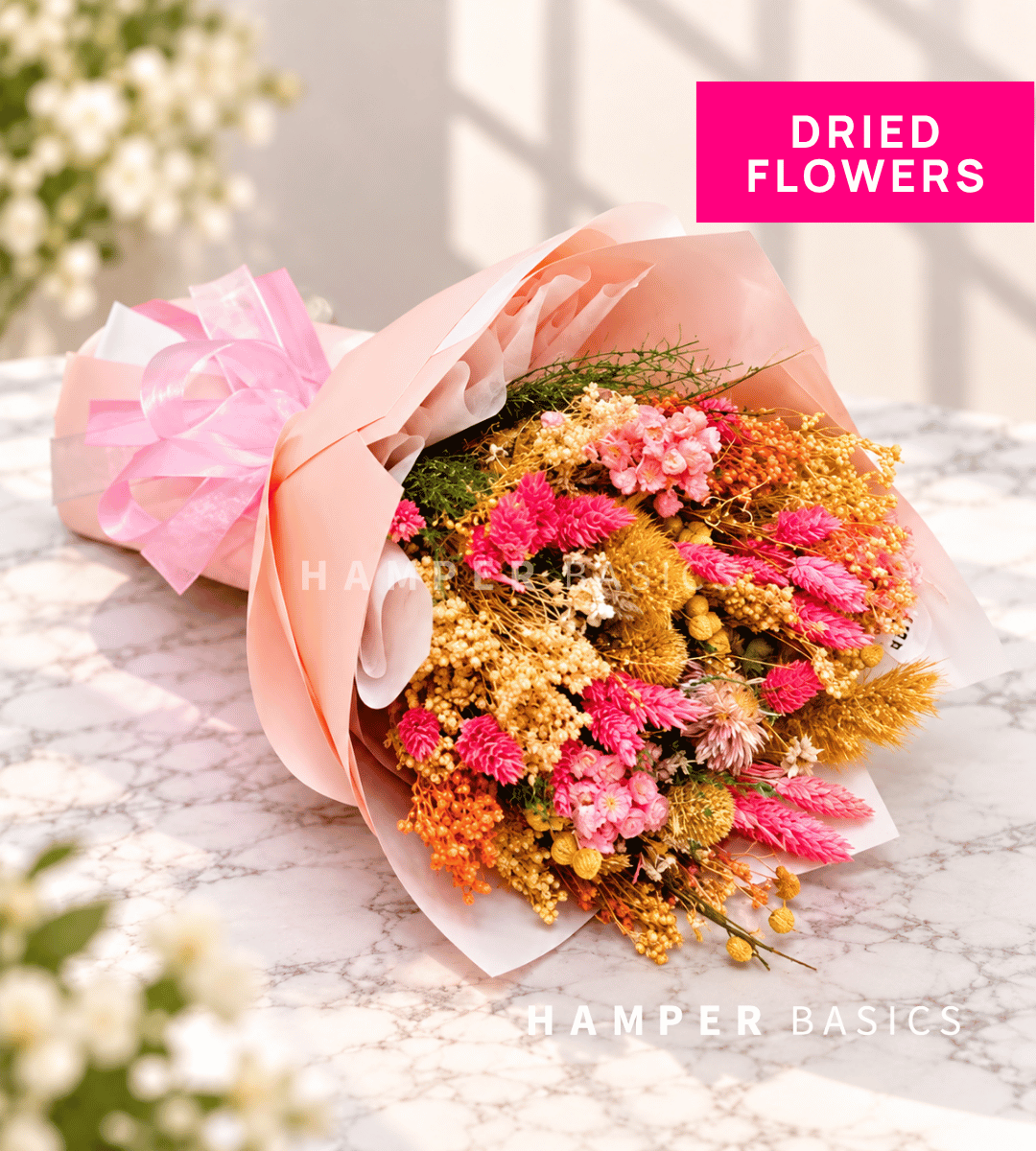 Dried flower bouquet in pink theme