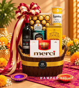Diwali hamper with premium chocolates, cookies, chips and a bottle of good wine.