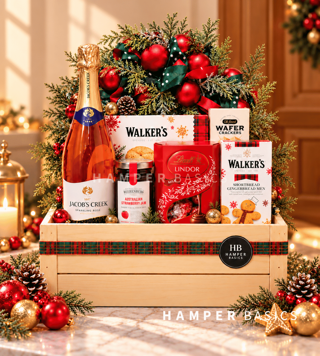 Premium Christmas hamper with sparkling wine, indulgent chocolates, cookies and festive treats