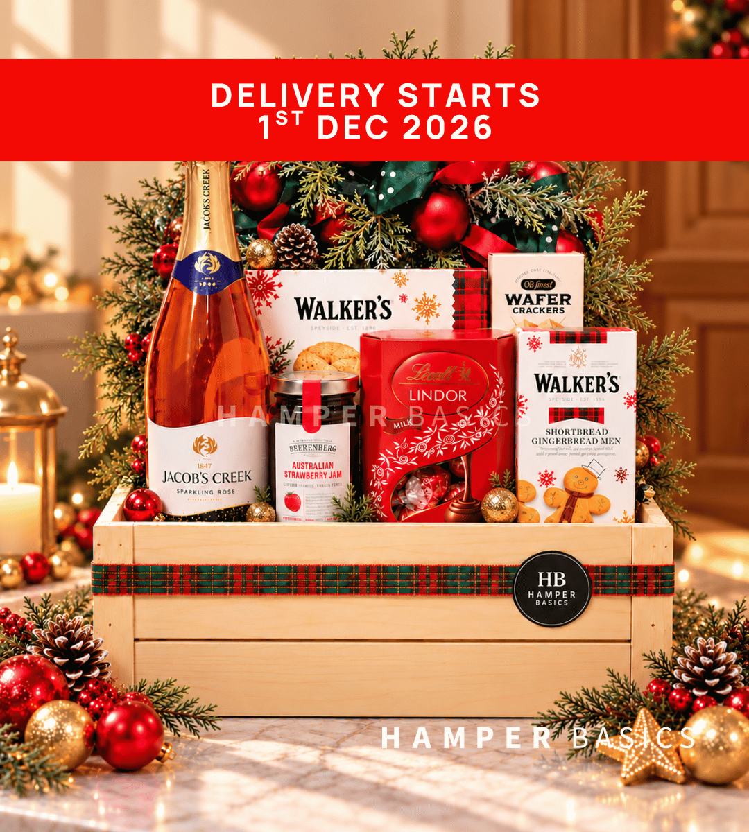 Premium Christmas hamper with sparkling wine, indulgent chocolates, cookies and festive treats