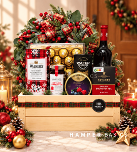 Premium Christmas hamper with red wine, chocolates, cookies and festive treats