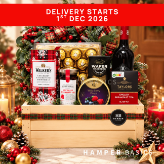 Premium Christmas hamper with red wine, chocolates, cookies and festive treats