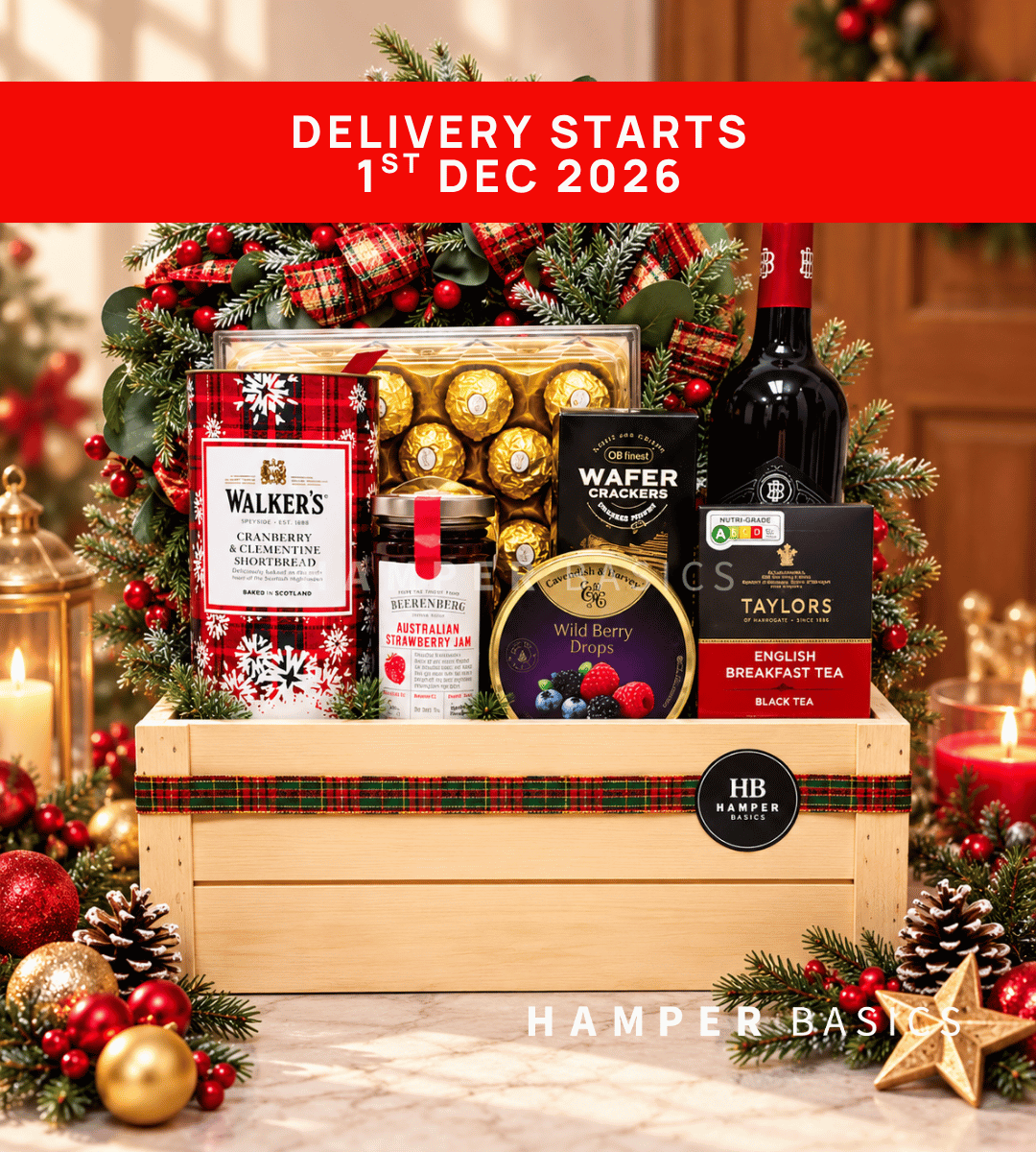 Premium Christmas hamper with red wine, chocolates, cookies and festive treats
